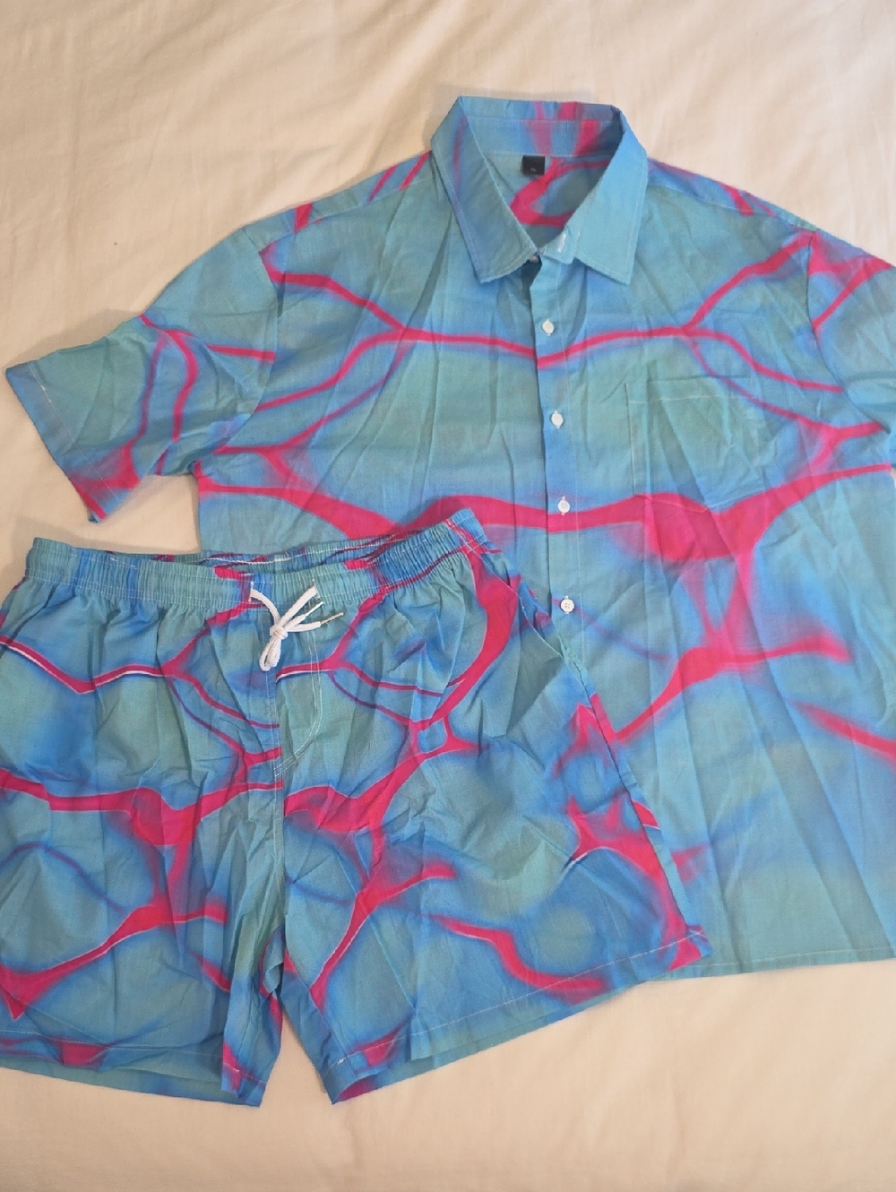 Classy Outlaw Neon Wave Button Up Shirt & short Set XL/L, NWT